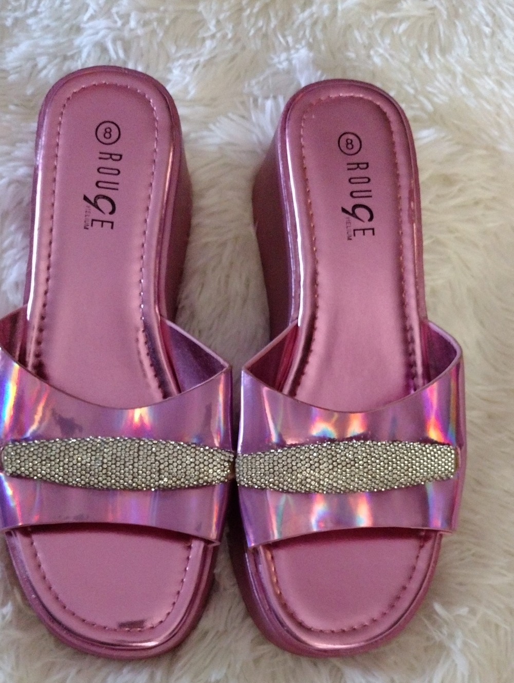 Rouge Helium Pink Holographic Slide Sandals with Crystal Accent